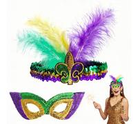 WANGHONGGOGO 2pcs New Orleans Feather Headpiece Mask, Carnival Mask, Masquerade Prop, Halloween Feather Mask, Holiday Party Costume Accessory, Unisex