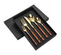 WanGi 18/8 Stainless Steel Kitchen Silverware Set , Unique Handle Design, Including Knife / Fork / Spoon (Square - wood grain / gift box (5-piece set, gold))