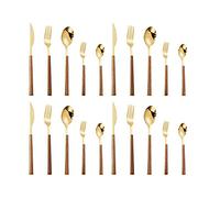 WanGi 18/8 Stainless Steel Kitchen Silverware Set , Unique Handle Design, Including Knife / Fork / Spoon (Square-Wood Texture w/o Gift Box (20-piece set, gold))