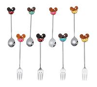 WanGi 8pc Stainless Steel, Resin Mickey Spoon Fork Set - 4 Spoons, 4 Forks, 5.5in, Silver, Cartoon Design, Polished Finish, Flatware
