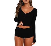 WangsCanis Women 2 Piece Ribbed Knit Pajama Set Long Sleeve Button Down Crop Top with Shorts Lounge Pj Set Sleepwear (121 Black, L)