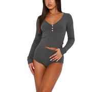 WangsCanis Women 2 Piece Ribbed Knit Pajama Set Long Sleeve Button Down Crop Top with Shorts Lounge Pj Set Sleepwear (121 grey, L)