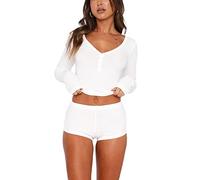 WangsCanis Women 2 Piece Ribbed Knit Pajama Set Long Sleeve Button Down Crop Top with Shorts Lounge Pj Set Sleepwear (121 White, S)