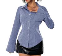 WangsCanis Women Button Down Striped Blouse Flare Long Sleeve Slim Fit Stripe Print Blouse Top Collared V Neck Tie Up Shirts(Blue,Small)