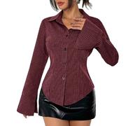 WangsCanis Women Button Down Striped Blouse Flare Long Sleeve Slim Fit Stripe Print Blouse Top Collared V Neck Tie Up Shirts(Wine Red,Small)