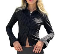 WangsCanis Women Button Down Striped Blouse Flare Long Sleeve Slim Fit Stripe Print Blouse Top Collared V Neck Tie Up Shirts(1Black,Large)