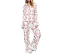WangsCanis Women Christmas Silk Pajamas Set Feather Trim Long Sleeve Shirt Pants Pjs Set 2 Piece Xmas Lounge Set Sleepwear (Multicolor, M)