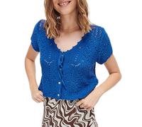 WangsCanis Women Crochet Summer Knitted Top Hollow Out Tie Button Down Shirts Y2k Short Sleeve Open Front Crop Tops Cardigan (Dark Blue, L)