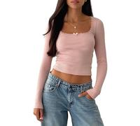 WangsCanis Women Fairy Grunge Y2k Shirts Long Sleeve Lace Trim Crop Top Square Neck Lace Patchwork Tops Aesthetic Clothes (117 Bow Pink, S)