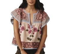 WangsCanis Women Floral Patchwork Ruffle Top Boho Flutter Sleeve V Neck Blouse Shirt Cap Sleeve Summer Y2k Peplum Babydoll Top(Polychrome,Small)
