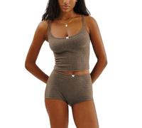 WangsCanis Women Floral Pyjama Shorts Set Spaghetti Strap Lace Cami Crop Top Mini Bodycon Shorts Y2k Lounge Set 2 Piece Pj Outfits (1 Bow Khaki, M)