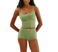 WangsCanis Women Floral Pyjama Shorts Set Spaghetti Strap Lace Cami Crop Top Mini Bodycon Shorts Y2k Lounge Set 2 Piece Pj Outfits (1 Bow Green, S)