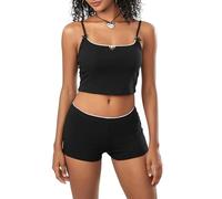 WangsCanis Women Floral Pyjama Shorts Set Spaghetti Strap Lace Cami Crop Top Mini Bodycon Shorts Y2k Lounge Set 2 Piece Pj Outfits (2 Slim Black, S)