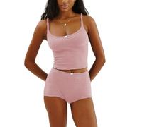 WangsCanis Women Floral Pyjama Shorts Set Spaghetti Strap Lace Cami Crop Top Mini Bodycon Shorts Y2k Lounge Set 2 Piece Pj Outfits (1 Bow Pink, M)