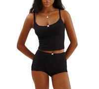 WangsCanis Women Floral Pyjama Shorts Set Spaghetti Strap Lace Cami Crop Top Mini Bodycon Shorts Y2k Lounge Set 2 Piece Pj Outfits (1 Bow Black, M)
