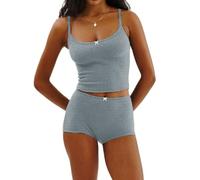 WangsCanis Women Floral Pyjama Shorts Set Spaghetti Strap Lace Cami Crop Top Mini Bodycon Shorts Y2k Lounge Set 2 Piece Pj Outfits (1 Bow Gray Blue, S)