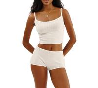 WangsCanis Women Floral Pyjama Shorts Set Spaghetti Strap Lace Cami Crop Top Mini Bodycon Shorts Y2k Lounge Set 2 Piece Pj Outfits (1 Bow White, S)