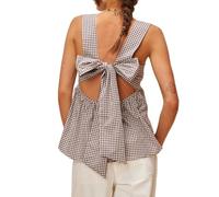 WangsCanis Women Gingham Babydoll Tank Tops Y2k Sleeveless Ruffle Hem Plaid Top Summer Bow Tie Backless Peplum Camisole(Brown,Medium)