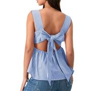 WangsCanis Women Gingham Babydoll Tank Tops Y2k Sleeveless Ruffle Hem Plaid Top Summer Bow Tie Backless Peplum Camisole(Cute Blue,Medium)