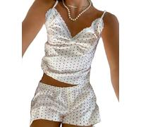 WangsCanis Women Girls 2 Piece Y2k Pajama Set Sleeveless Lace Trim Cami Top with Shorts Printed Pj Sets Sleepwear Loungewear (2 Piece Lace Pj Set, S)