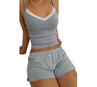 WangsCanis Women Girls 2 Piece Y2k Pajama Set Sleeveless Lace Trim Cami Top with Shorts Printed Pj Sets Sleepwear Loungewear (1 Striped Gray, S)