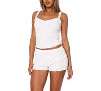 WangsCanis Women Girls 2 Piece Y2k Pajama Set Sleeveless Lace Trim Cami Top with Shorts Printed Pj Sets Sleepwear Loungewear (3 Floral Pink, S)