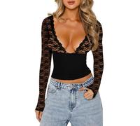 WangsCanis Women Lace Long Sleeve Shirt Y2k Low Cut Slim Fit Going Out Crop Top Sexy Floral Lace Tee Club Streetwear (E777 Vneck Black, S)