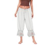 WangsCanis Women Lace Trim Long Bloomer Pants Y2k Smocked Elastic Waist Ruffle Pettipants Pantaloons Cropped Slip Pants(White,Small)