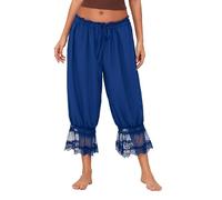 WangsCanis Women Lace Trim Long Bloomer Pants Y2k Smocked Elastic Waist Ruffle Pettipants Pantaloons Cropped Slip Pants(Blue,Large)