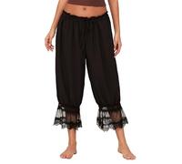WangsCanis Women Lace Trim Long Bloomer Pants Y2k Smocked Elastic Waist Ruffle Pettipants Pantaloons Cropped Slip Pants(Black,Large)