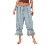 WangsCanis Women Lace Trim Long Bloomer Pants Y2k Smocked Elastic Waist Ruffle Pettipants Pantaloons Cropped Slip Pants(Turquoise,Small)