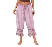 WangsCanis Women Lace Trim Long Bloomer Pants Y2k Smocked Elastic Waist Ruffle Pettipants Pantaloons Cropped Slip Pants(Pink,Small)