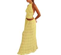 WangsCanis Women Long Skirt 2 Piece Set Sleeveless Backless Halter Crop Top Pleated Flowy Maxi Skirt Sets Sexy Summer Two Piece (11 Yellow, S)