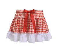 WangsCanis Women Men Plaid Pleated Mini Skirt Y2k Lace Ruffle Aline Skirt Dorothy Gingham Halloween Costume Sissy Skirt (Bow Red, M)
