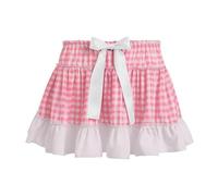 WangsCanis Women Men Plaid Pleated Mini Skirt Y2k Lace Ruffle Aline Skirt Dorothy Gingham Halloween Costume Sissy Skirt (Bow Pink, S)