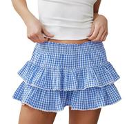 WangsCanis Women Men Plaid Pleated Mini Skirt Y2k Lace Ruffle Aline Skirt Dorothy Gingham Halloween Costume Sissy Skirt (Blue, S)