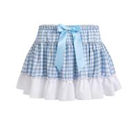 WangsCanis Women Men Plaid Pleated Mini Skirt Y2k Lace Ruffle Aline Skirt Dorothy Gingham Halloween Costume Sissy Skirt (Bow Blue, S)