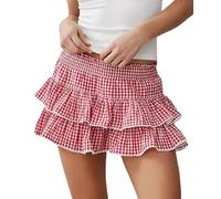 WangsCanis Women Men Plaid Pleated Mini Skirt Y2k Lace Ruffle Aline Skirt Dorothy Gingham Halloween Costume Sissy Skirt (Red, M)