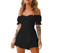 WangsCanis Women Off Shoulder Romper Y2k Ruffle Hem Short Sleeve Jumpsuit Smocked Waist Flowy Layered Pirate Dress(Black,Large)