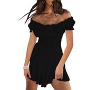 WangsCanis Women Off Shoulder Romper Y2k Ruffle Hem Short Sleeve Jumpsuit Smocked Waist Flowy Layered Pirate Dress(Cute Black,Medium)