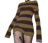 WangsCanis Women Off Shoulder Sweater Dress Y2k Striped Long Sleeve Bodycon Knit Mini Dresses Goth Grunge Short Dress (Coffee, XL)