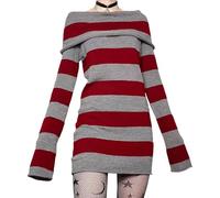 WangsCanis Women Off Shoulder Sweater Dress Y2k Striped Long Sleeve Bodycon Knit Mini Dresses Goth Grunge Short Dress (Red, XL)