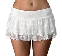 WangsCanis Women Ruffle Tiered Mini Skirt Y2k Low Waist Lace Layered Short Skirt Summer Cute Flowy Skirts(2White,Small)