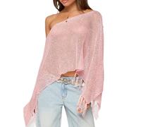 WangsCanis Women Sequin Knit Poncho Fringe Hem Crochet Sheer Poncho Shrug Off Shoulder See Through Cover Up Top (Pink, S)