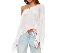 WangsCanis Women Sequin Knit Poncho Fringe Hem Crochet Sheer Poncho Shrug Off Shoulder See Through Cover Up Top (WHITE, L)
