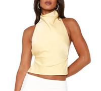 WangsCanis Women Sexy Backless Halter Top Sleeveless Open Back Satin Tank Tops Y2k High Mock Neck Crop Tank Top (Light Yellow, M)