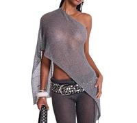 WangsCanis Women Sheer Poncho Top Lightweight Knit Ruffle Shawl Ponchos Off Shoulder Mesh Pullover Shrug Sweater(Sliver,One Size)