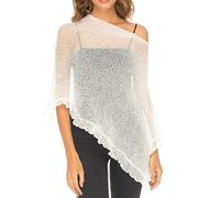 WangsCanis Women Sheer Poncho Top Lightweight Knit Ruffle Shawl Ponchos Off Shoulder Mesh Pullover Shrug Sweater(White,One Size)