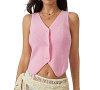 WangsCanis Women Summer Crochet Vest Top Y2k Knit Button Down V Neck Tank Tops Open Front Sleeveless Sweaters Streetwear (Pink, S)