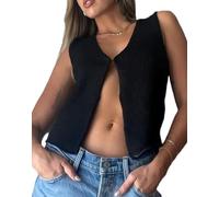 WangsCanis Women Summer Crochet Vest Top Y2k Knit Button Down V Neck Tank Tops Open Front Sleeveless Sweaters Streetwear (Black, S)